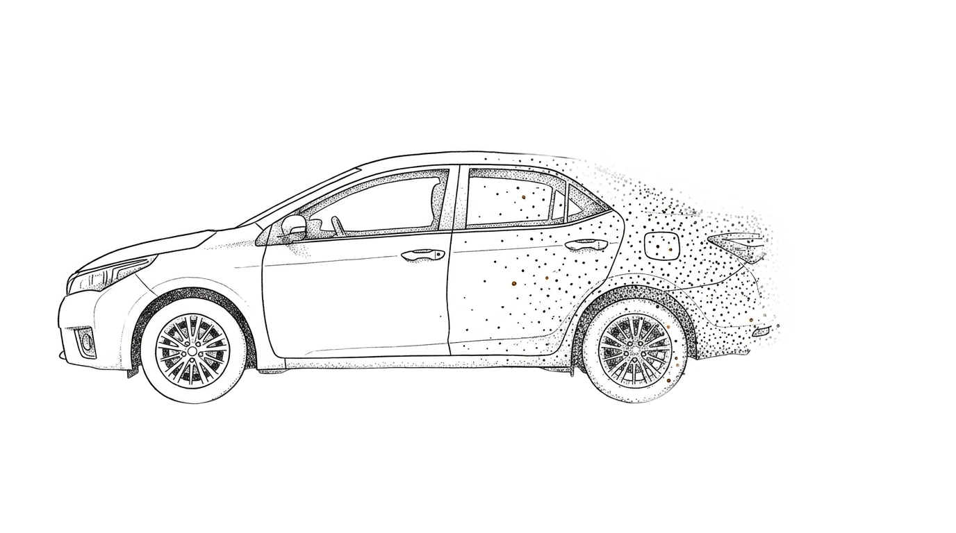 Cario, the maintenance and valuation app for the Toyota Corolla E170, rendered as a field of dissolving points
